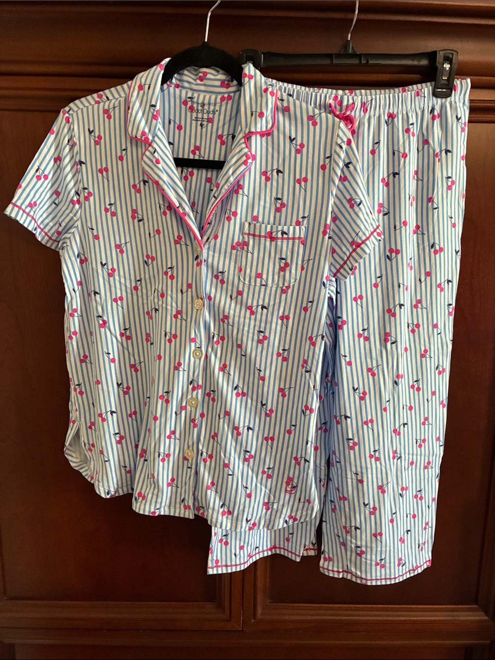 Cuddl Duds Blue & Pink Cherry Stripe Short-Sleeve Pajama Set